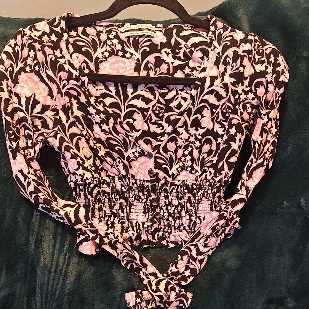 Pink and Brown Smocked Blouse with Peter Pan Collar